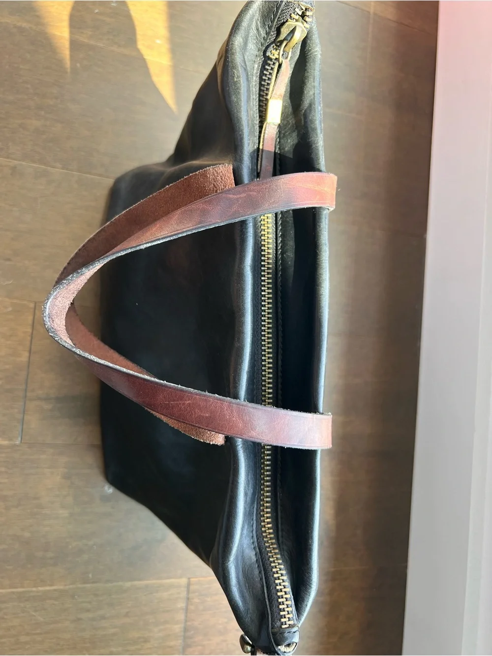 Madewell Black Leather Handbag with Brown Handles